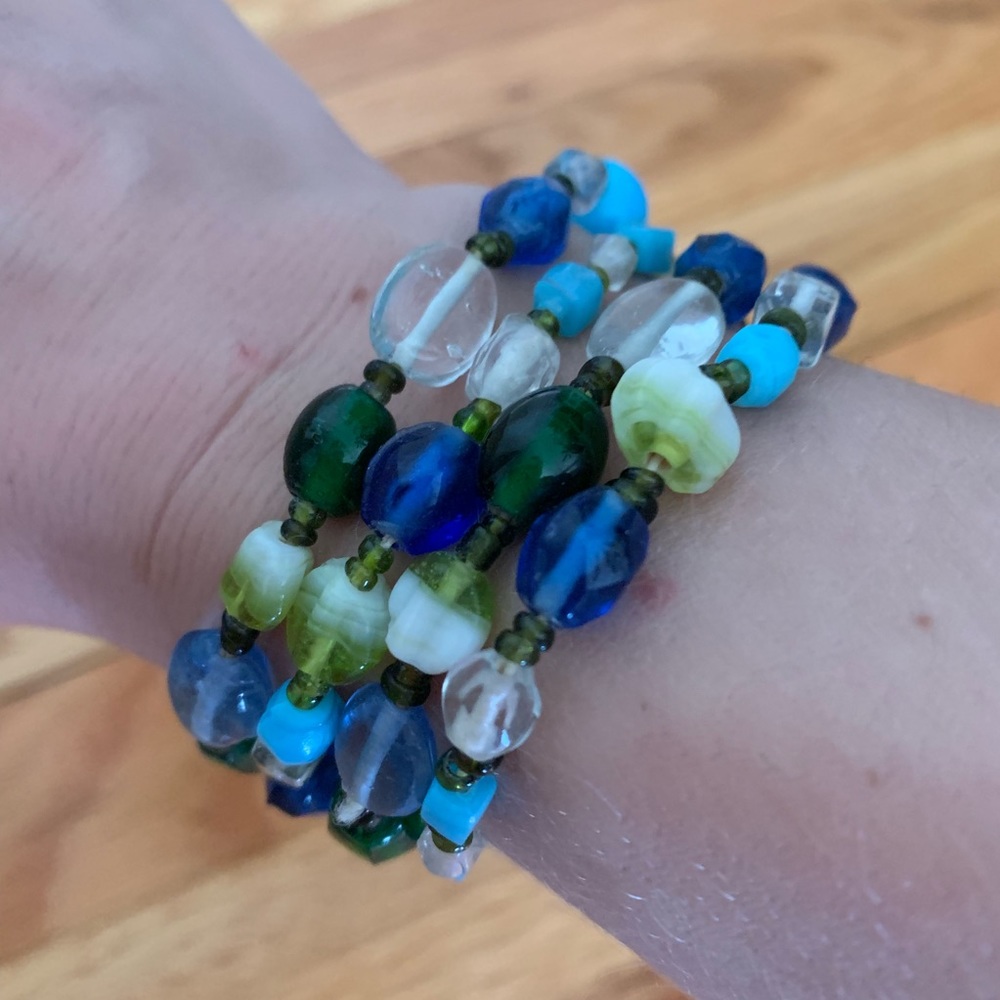 Set of 4 Glass Bead Green and Blue Bracelets